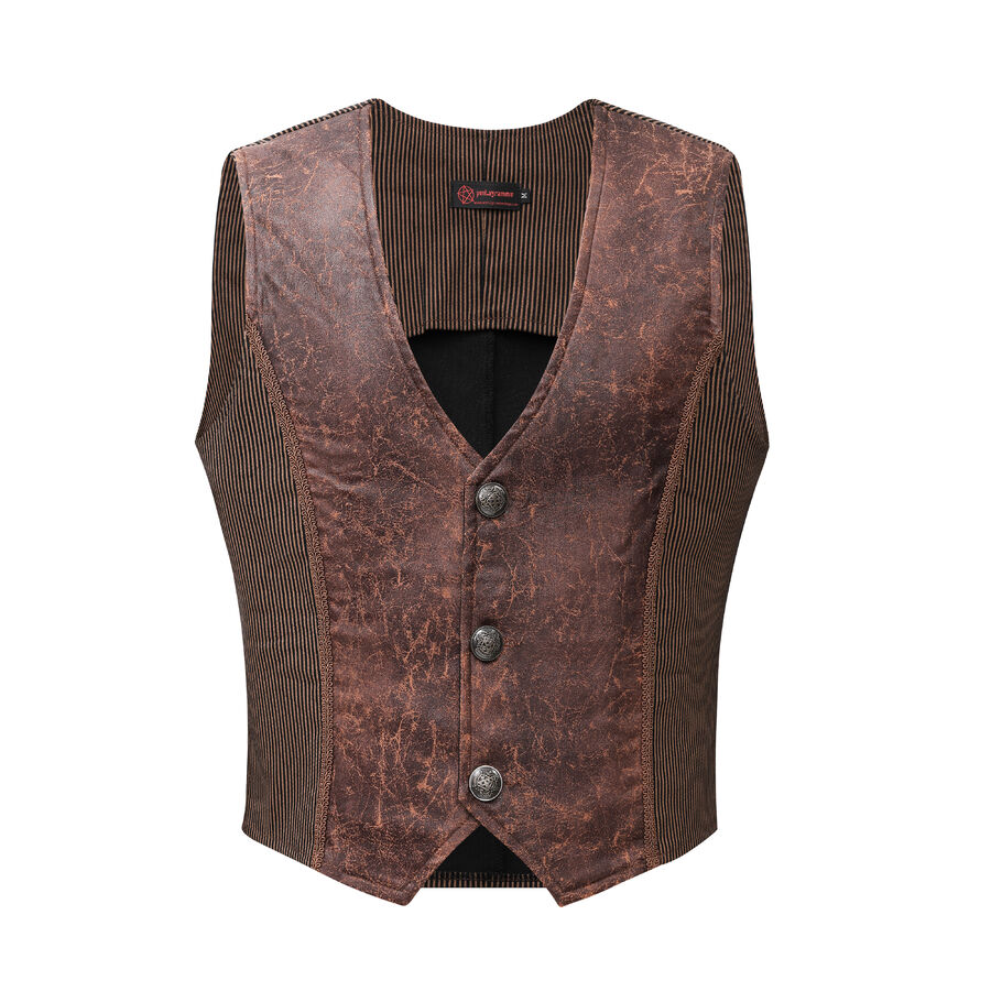 Gilet steampunk victorien homme - simili cuir vieilli et tissu ray&eacute; marron