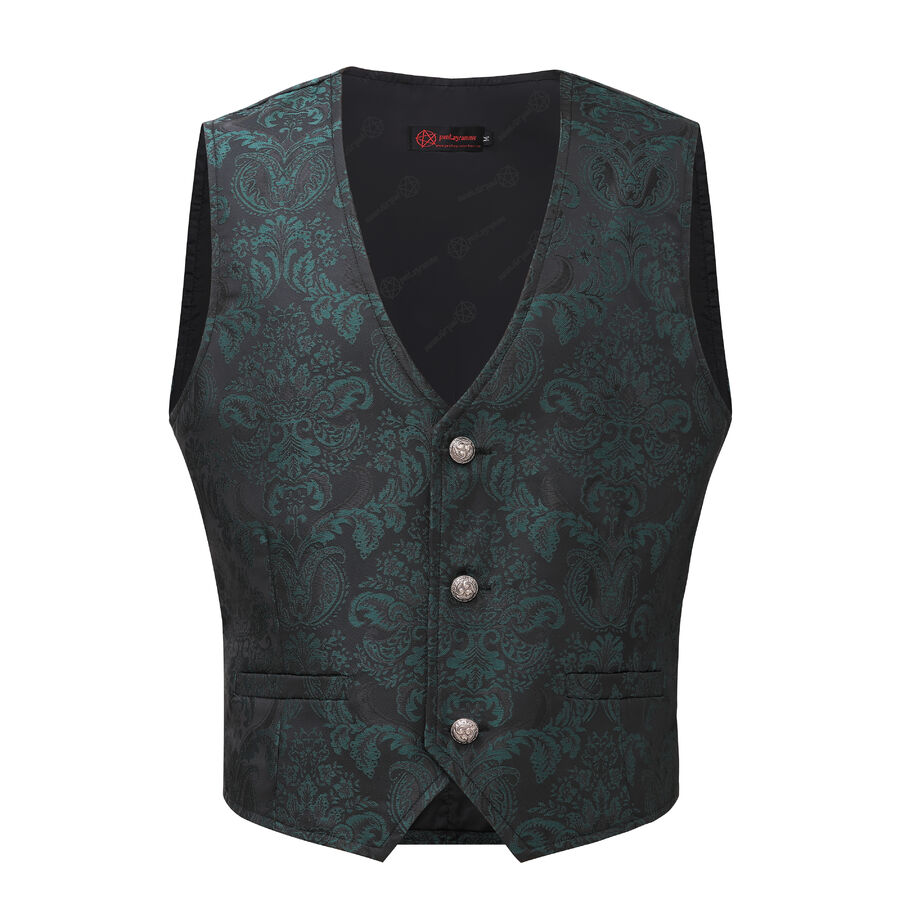 Gilet victorien steampunk homme - brocart vert &agrave; boutons d&eacute;coratifs