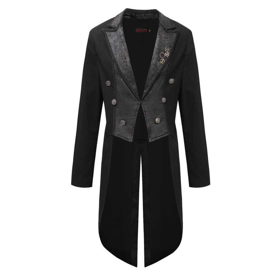 Veste steampunk homme ray&eacute;e noir avec imitation cuir et engrenages