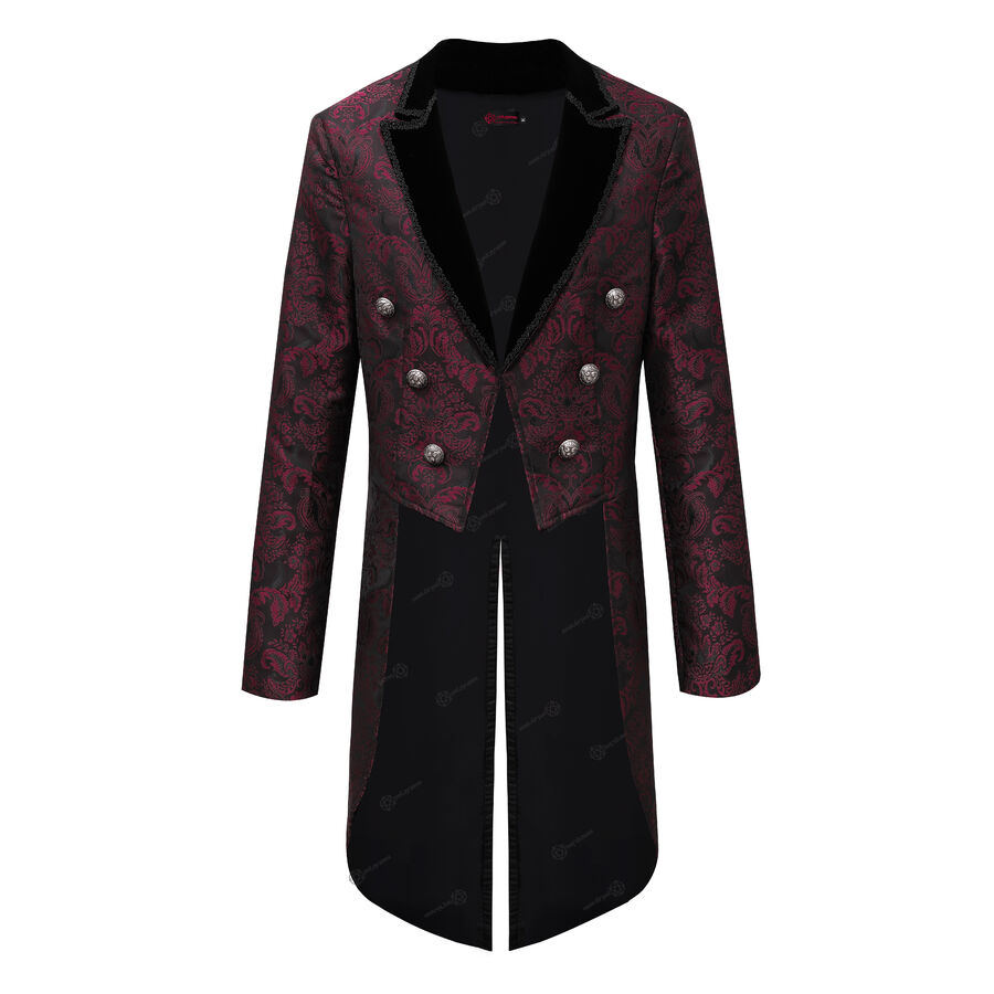 Veste queue-de-pie gothique homme en brocart bordeaux à double boutonnage