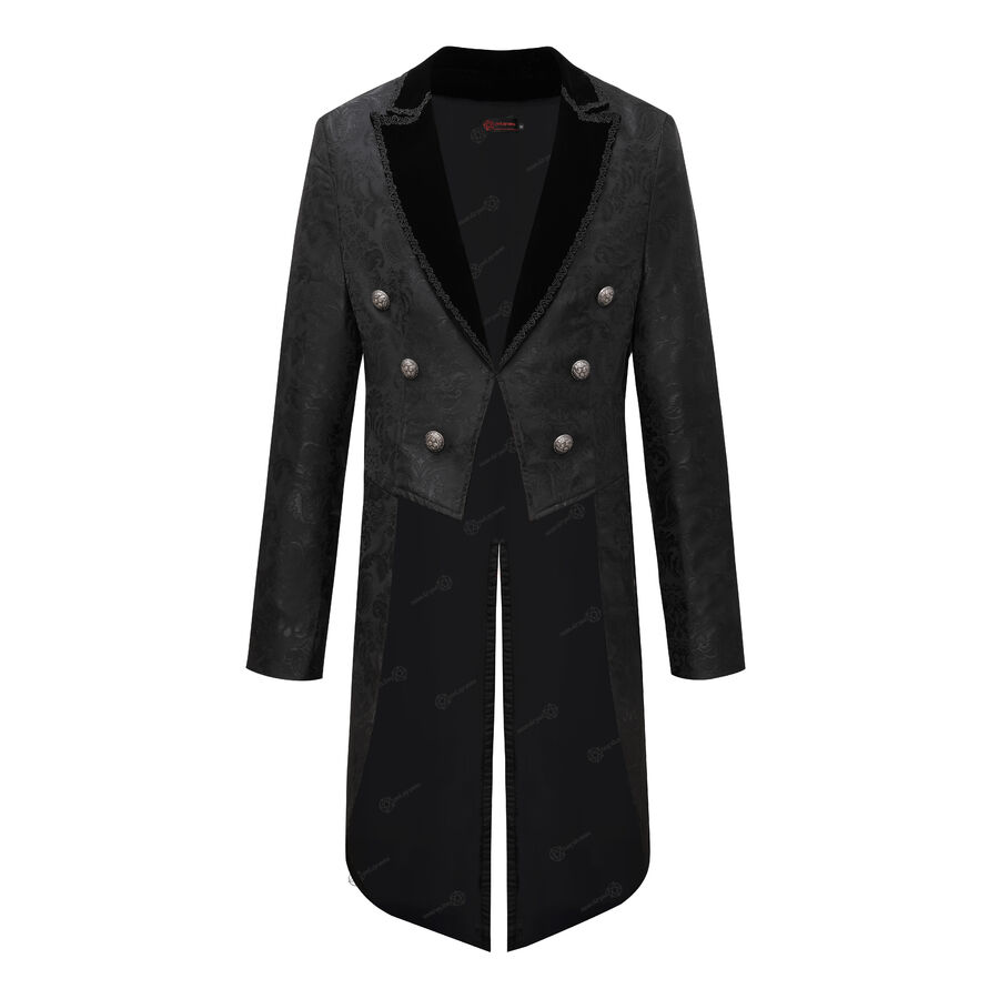 Veste queue-de-pie gothique homme en brocart noir &agrave; double boutonnage
