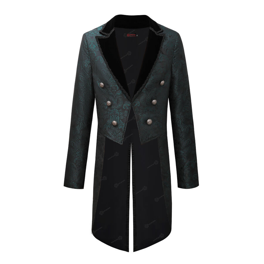 Veste queue-de-pie gothique homme en brocart vert &agrave; double boutonnage