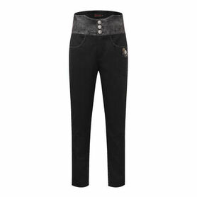 Pantalon ray&eacute; noir steampunk taille haute &agrave; boutons argent vieilli