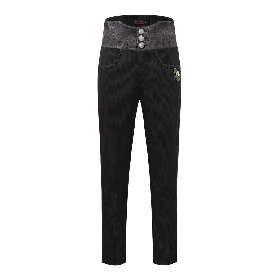 Pantalon ray&eacute; noir steampunk taille haute &agrave; boutons argent vieilli