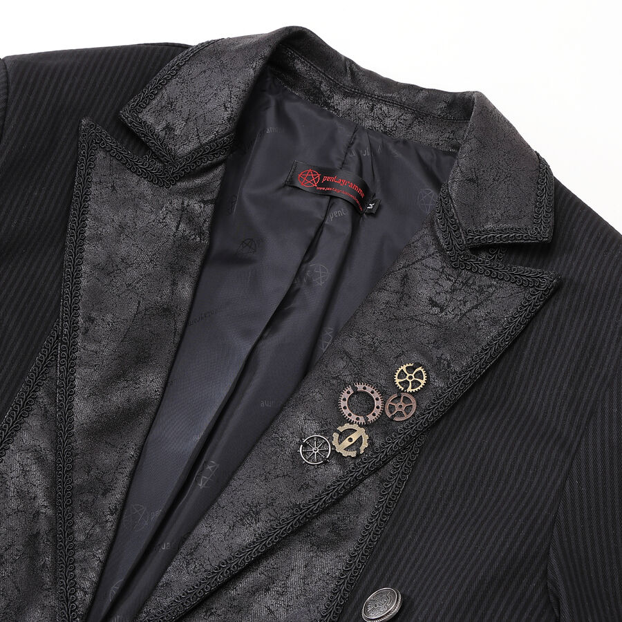 photo n&deg;3 : Veste steampunk homme ray&eacute;e noir avec imitation cuir et engrenages