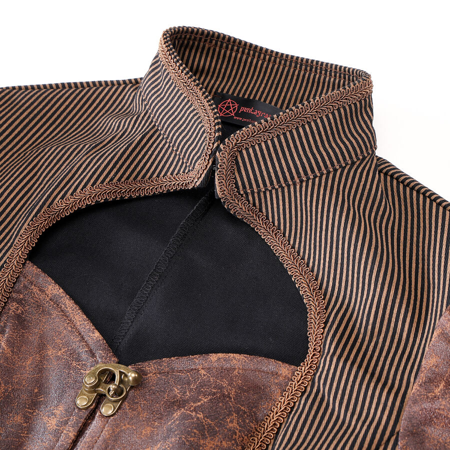 photo n&deg;8 : Veste/gilet steampunk femme &agrave; agrafes r&eacute;tro - panneaux ray&eacute;s & effet cuir