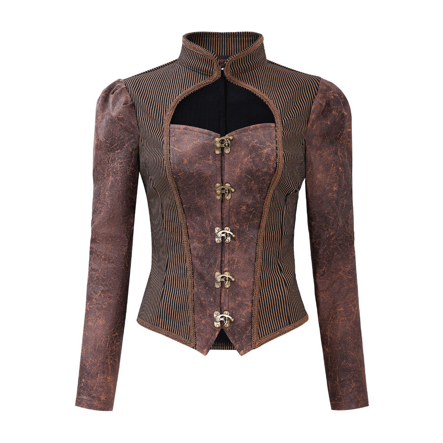 photo n&deg;7 : Veste/gilet steampunk femme &agrave; agrafes r&eacute;tro - panneaux ray&eacute;s & effet cuir