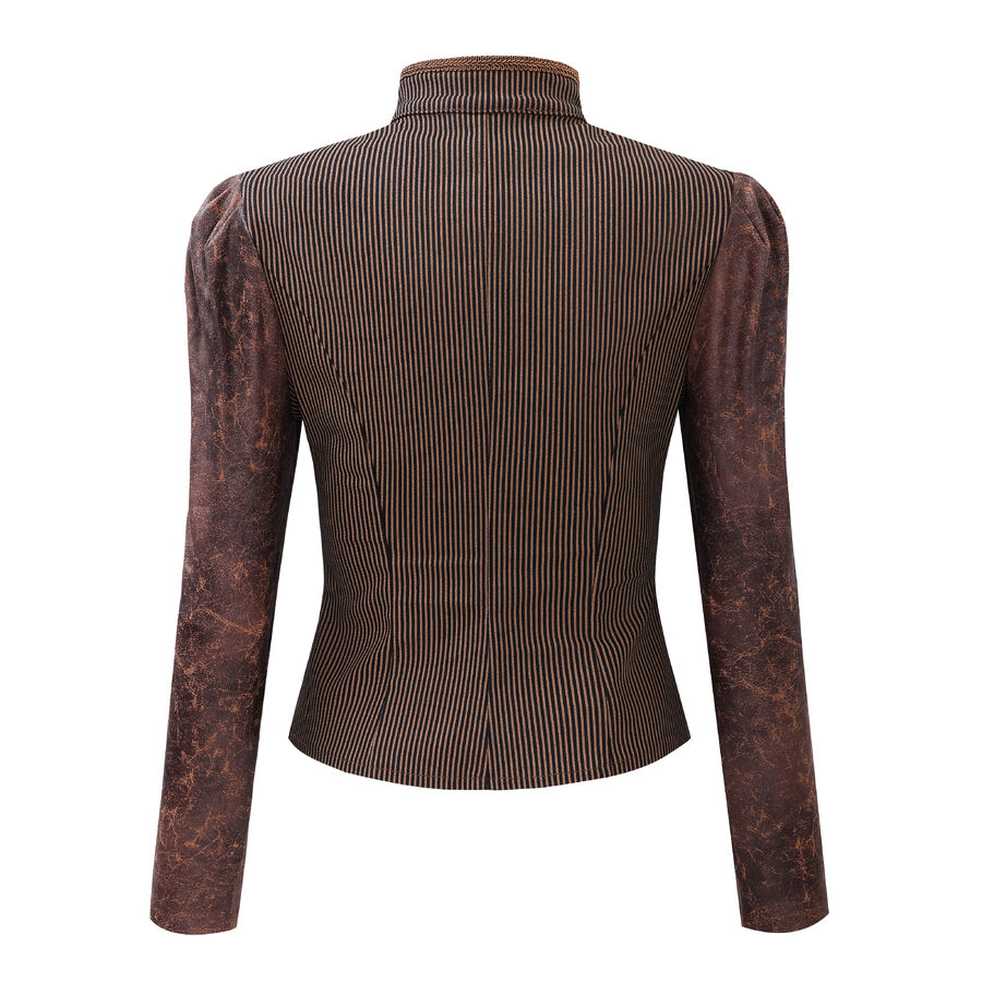 photo n&deg;6 : Veste/gilet steampunk femme &agrave; agrafes r&eacute;tro - panneaux ray&eacute;s & effet cuir