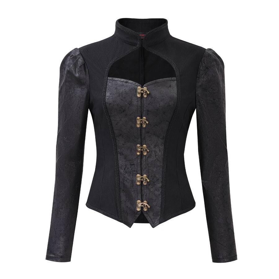 photo n&deg;7 : Veste/gilet steampunk femme &agrave; agrafes r&eacute;tro - panneaux ray&eacute;s & effet cuir