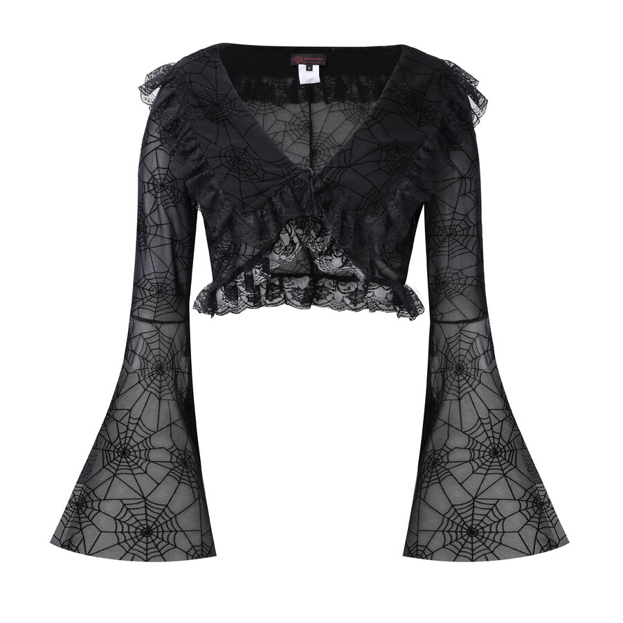 Bol&eacute;ro gothique en dentelle noire avec manches &eacute;vas&eacute;es motif toile d'araign&eacute;e