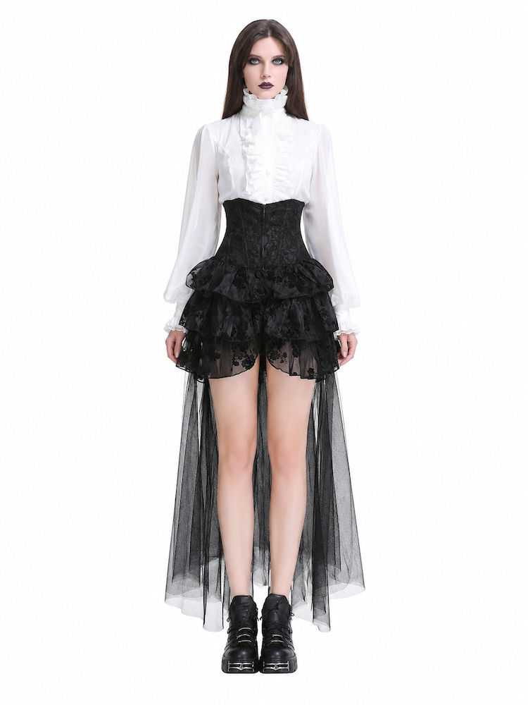 Jupe gothique taille haute asym&eacute;trique en organza floqu&eacute;