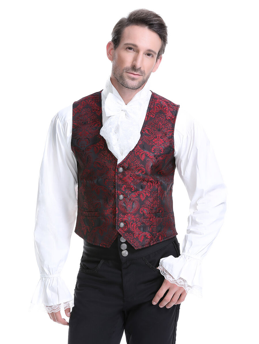 photo n&deg;3 : Gilet victorien steampunk homme - brocart bordeaux/noir &agrave; boutons d&eacute;coratifs