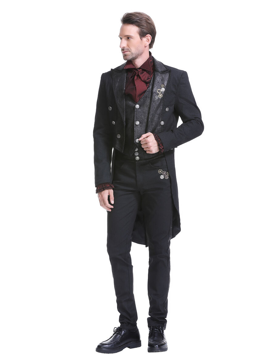 photo n&deg;5 : Veste steampunk homme ray&eacute;e noir avec imitation cuir et engrenages