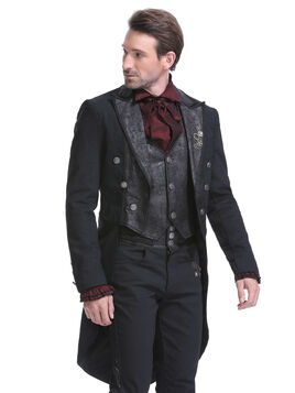 Veste steampunk homme ray&eacute;e noir avec imitation cuir et engrenages