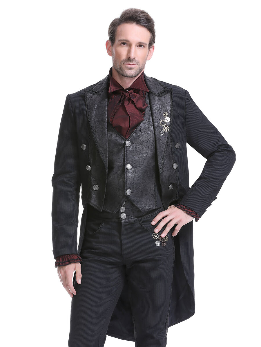 Veste steampunk homme ray&eacute;e noir avec imitation cuir et engrenages