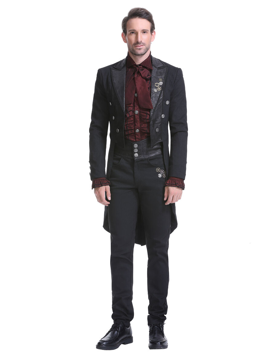 photo n&deg;2 : Veste steampunk homme ray&eacute;e noir avec imitation cuir et engrenages