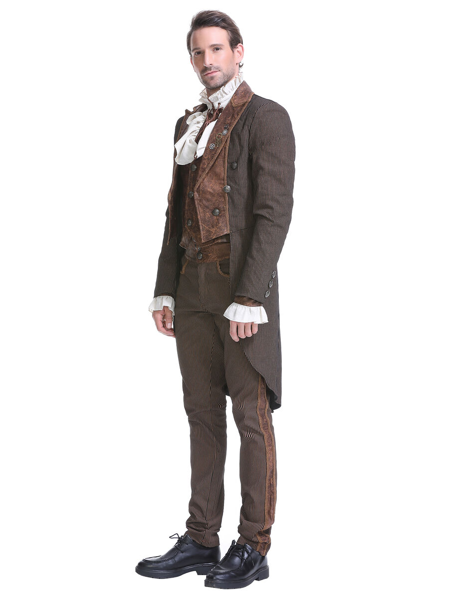 Veste steampunk homme ray&eacute;e avec imitation cuir et engrenages