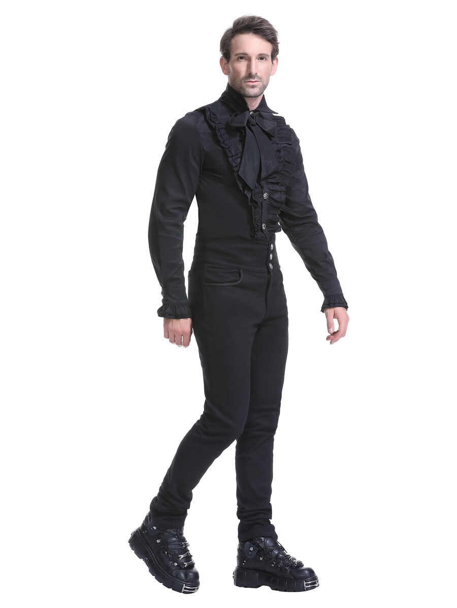 Pantalon coton noir steampunk taille haute &agrave; boutons Argent&eacute;s