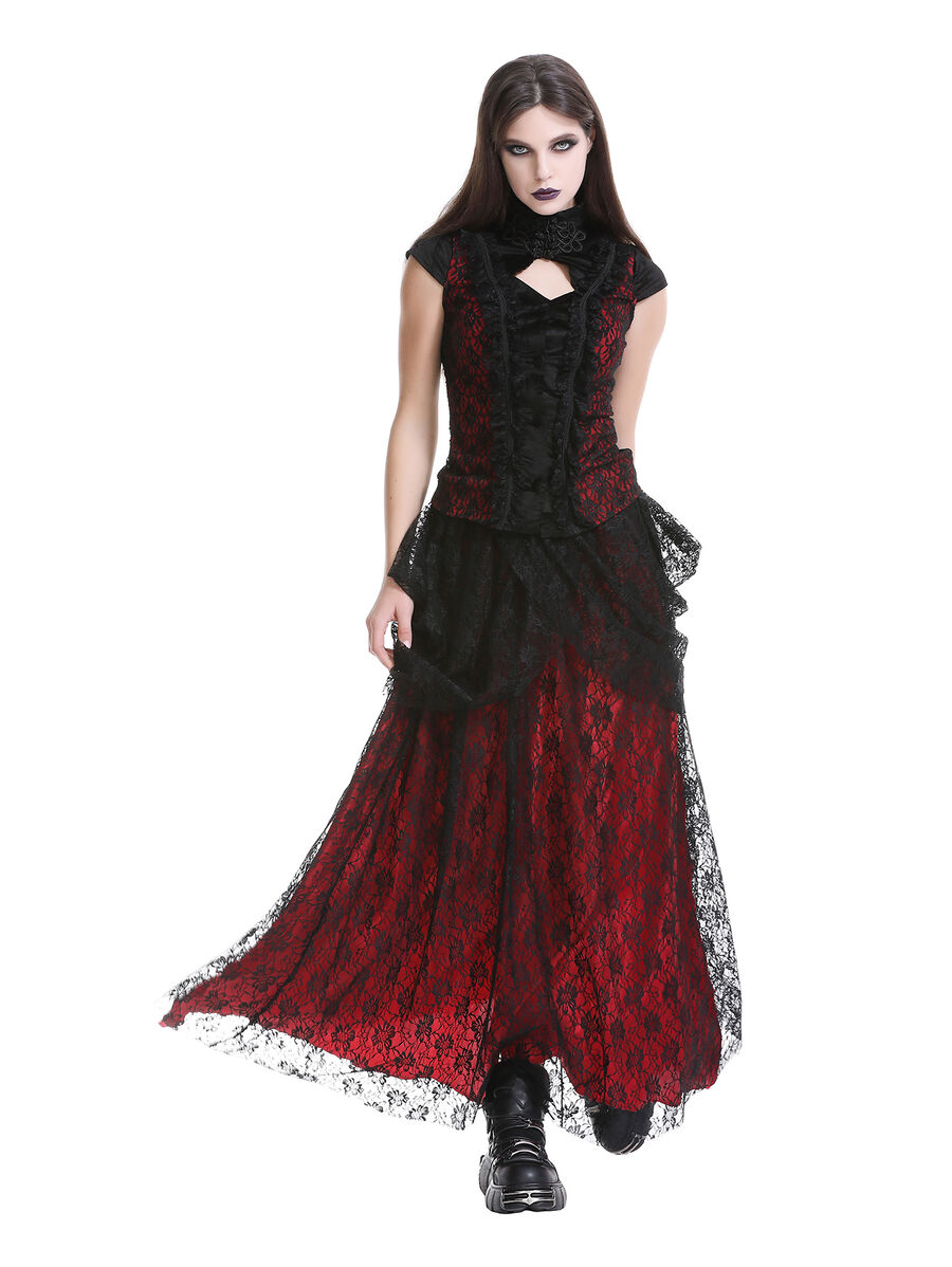 Jupe longue gothique en dentelle rouge et noire - Taille &eacute;lastique