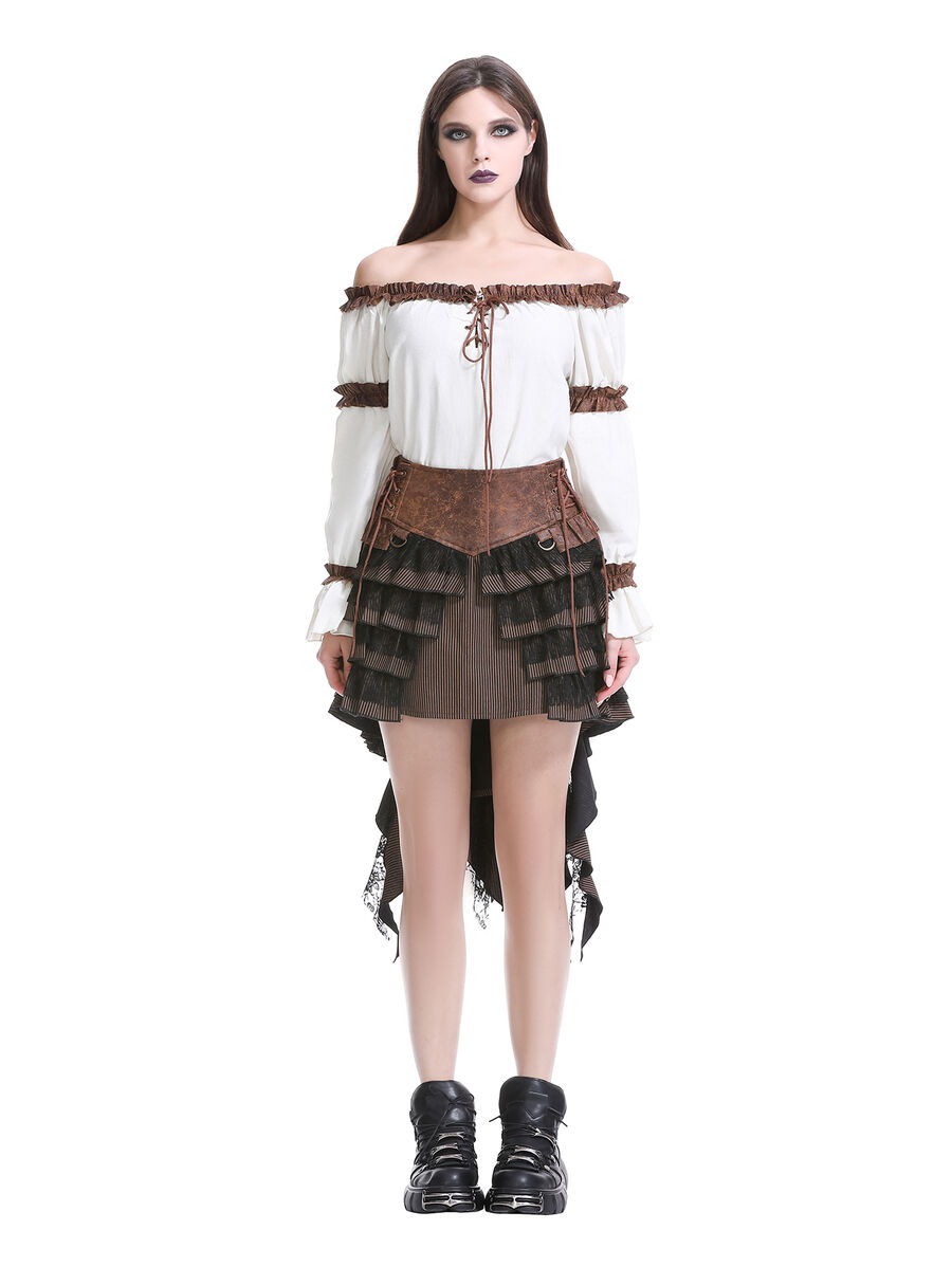 Jupe steampunk gothique &agrave; volants superpos&eacute;s et ceinture effet cuir