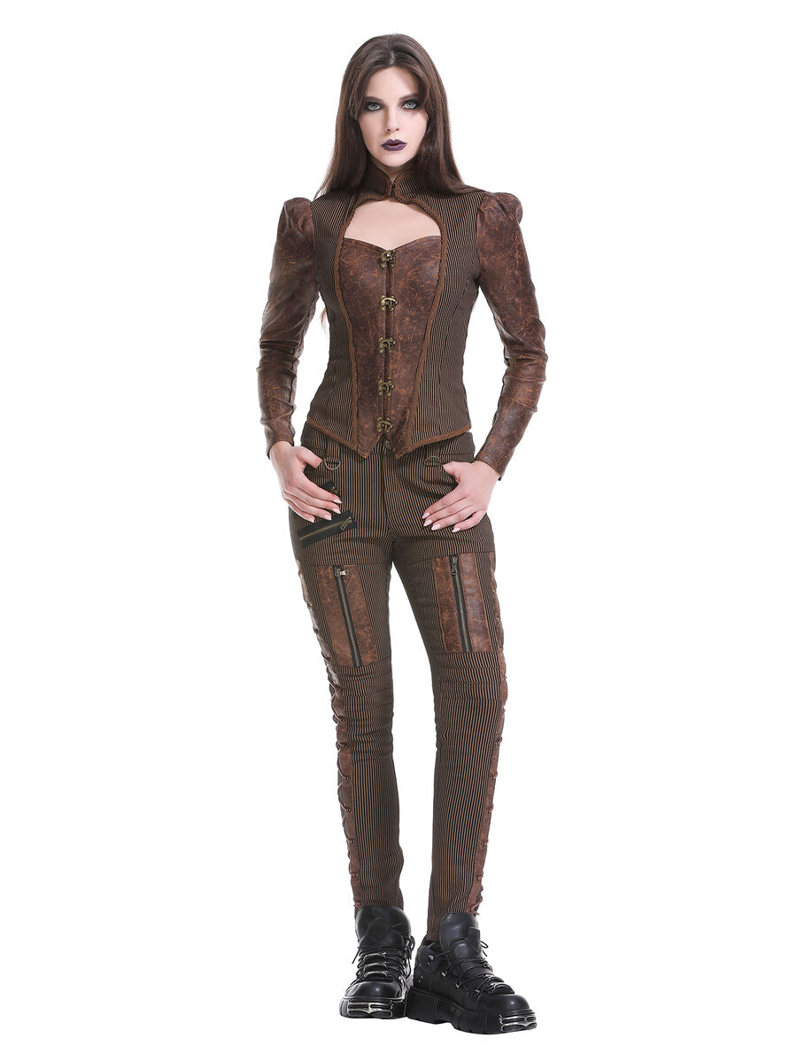 photo n&deg;5 : Veste/gilet steampunk femme &agrave; agrafes r&eacute;tro - panneaux ray&eacute;s & effet cuir
