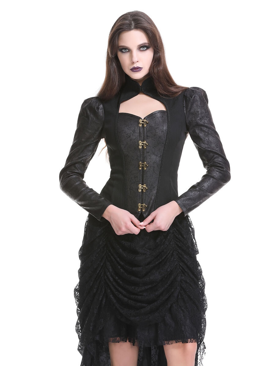 photo n&deg;5 : Veste/gilet steampunk femme &agrave; agrafes r&eacute;tro - panneaux ray&eacute;s & effet cuir