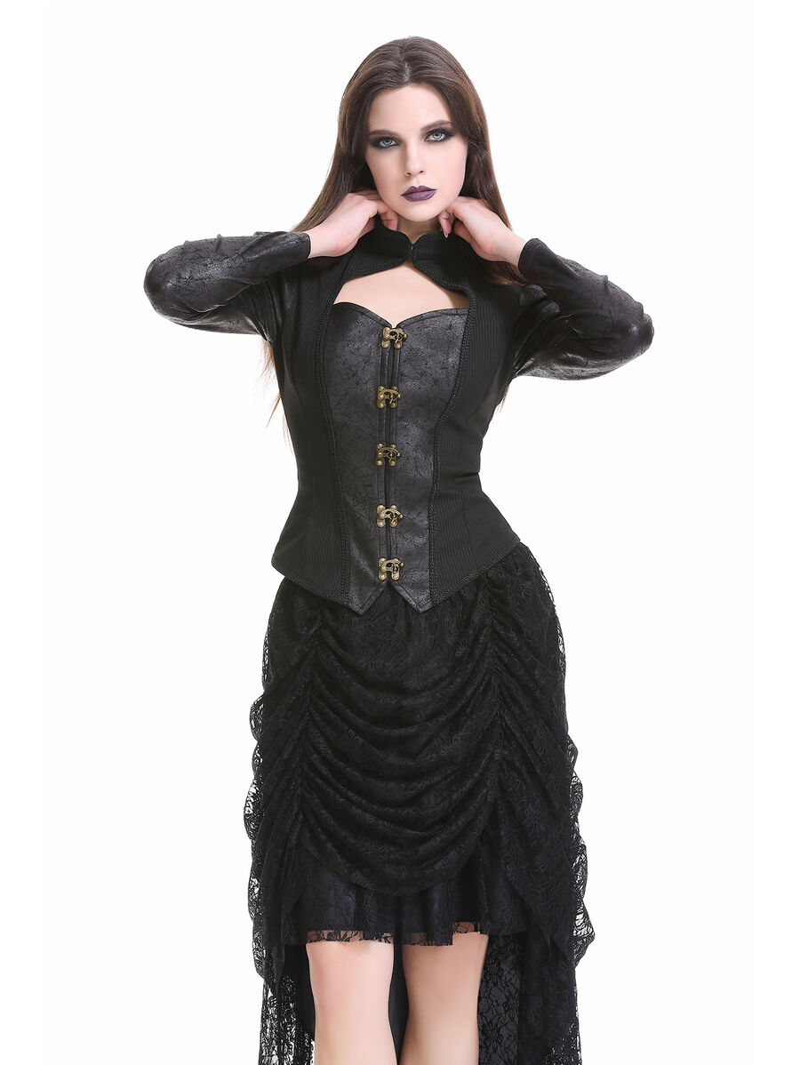 photo n&deg;4 : Veste/gilet steampunk femme &agrave; agrafes r&eacute;tro - panneaux ray&eacute;s & effet cuir