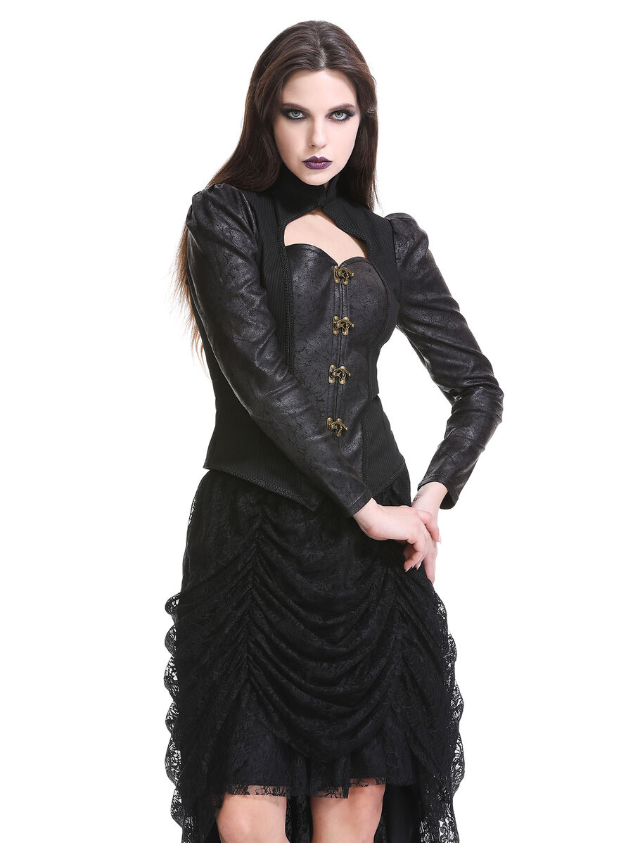 photo n&deg;6 : Veste/gilet steampunk femme &agrave; agrafes r&eacute;tro - panneaux ray&eacute;s & effet cuir