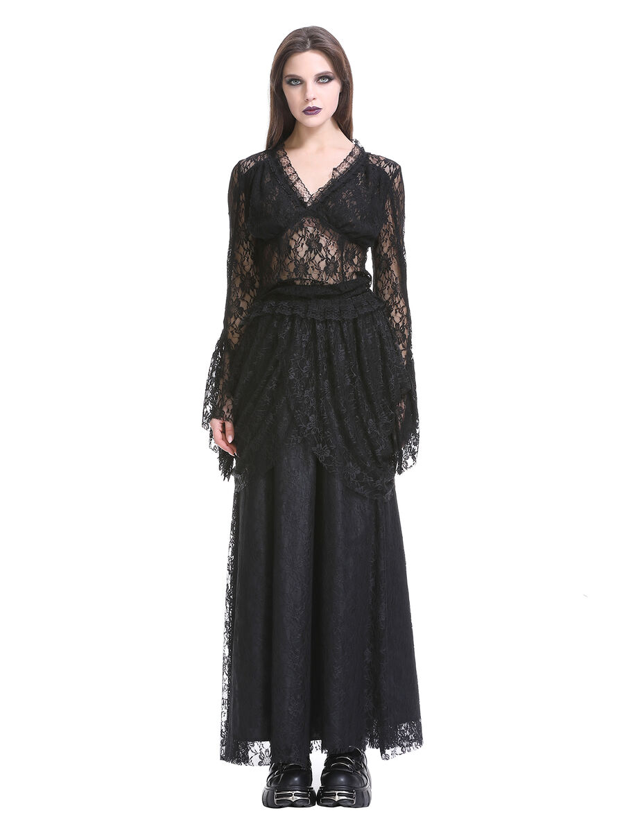 photo n&deg;3 : Jupe longue gothique en dentelle rouge et noire - Taille &eacute;lastique