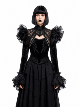 Bol&eacute;ro gothique noir en dentelle et velours &agrave; volants