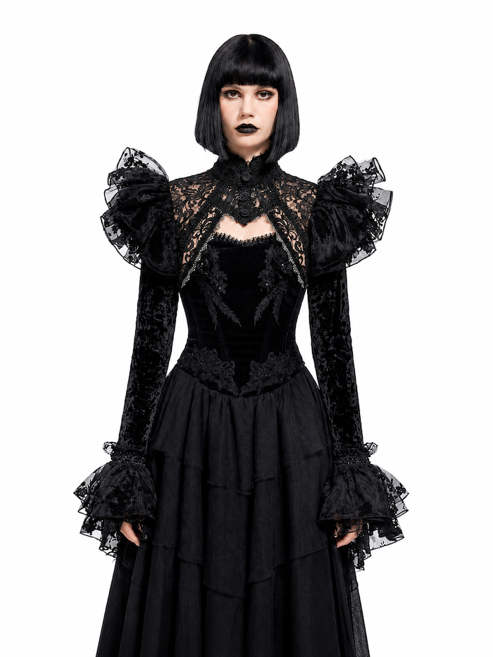 Bol&eacute;ro gothique noir en dentelle et velours &agrave; volants