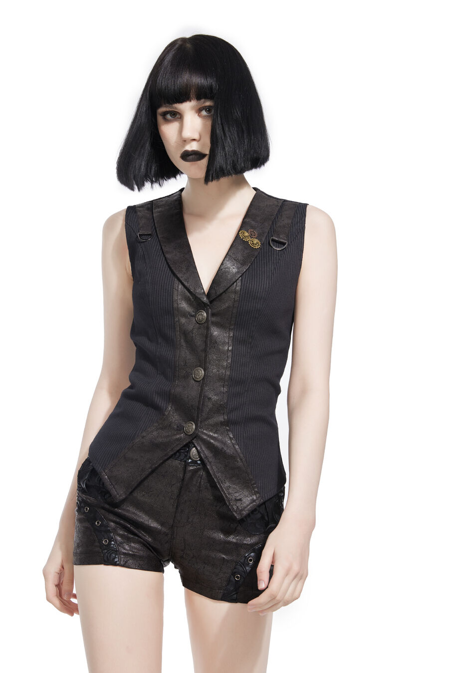 Gilet Femme Steampunk Rayures Coton et Faux Cuir Vintage