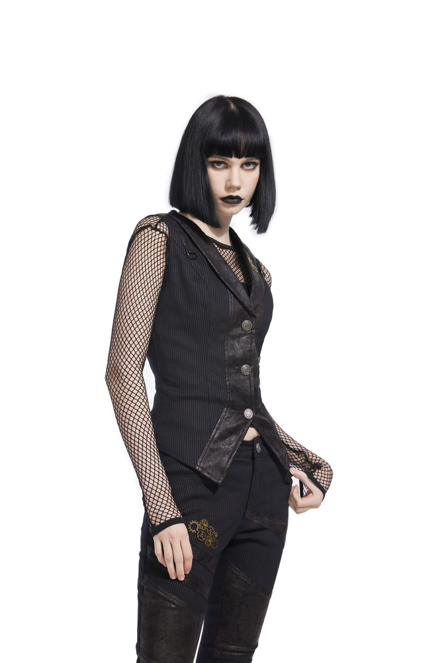 photo n°3 : Gilet Femme Steampunk Rayures Coton et Faux Cuir Vintage